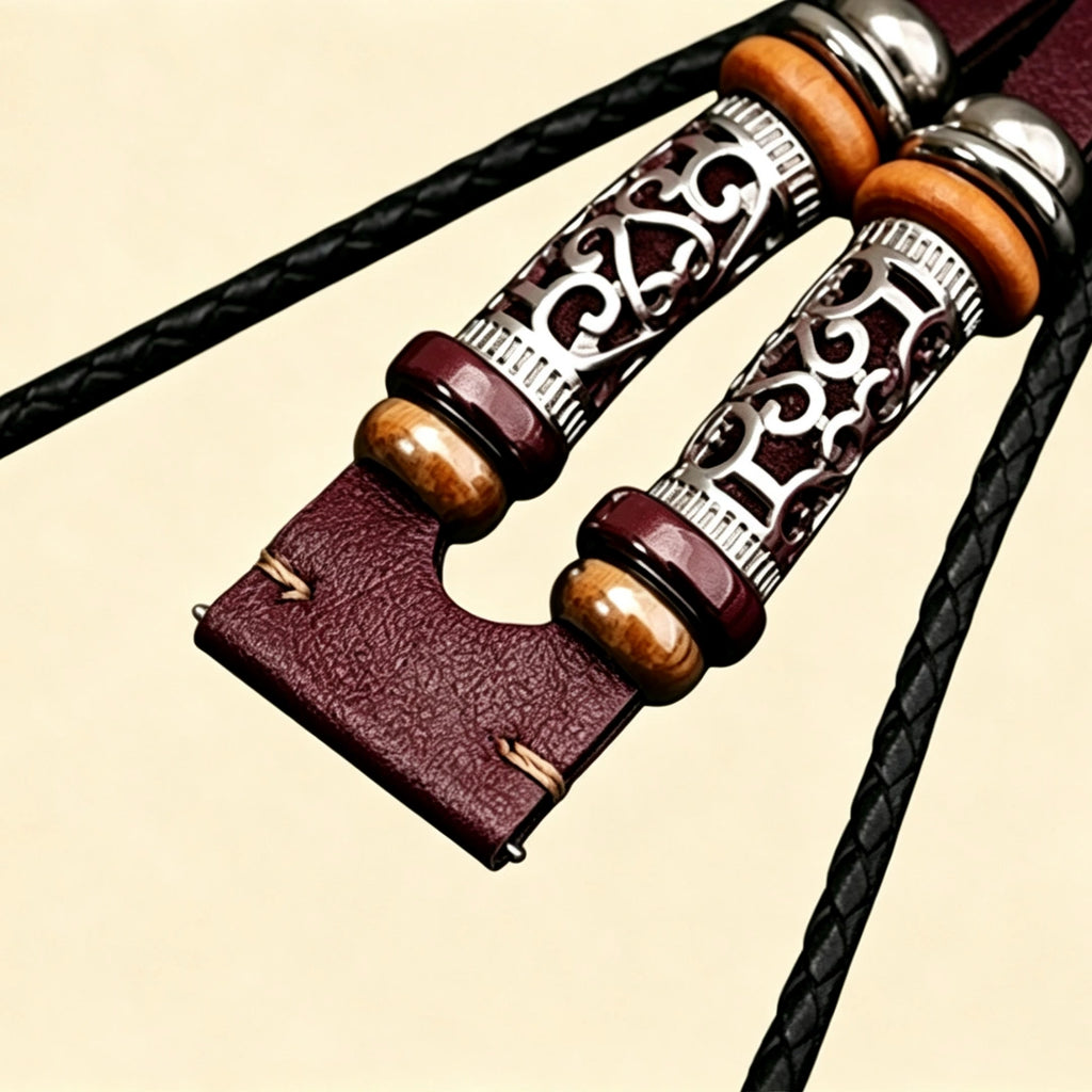 Burgundy braided leather Apple Watch strap lug end — close-up showing filigree metallic tube sliders, wooden disc beads, hematite beads, and burgundy leather quick-release lug connector