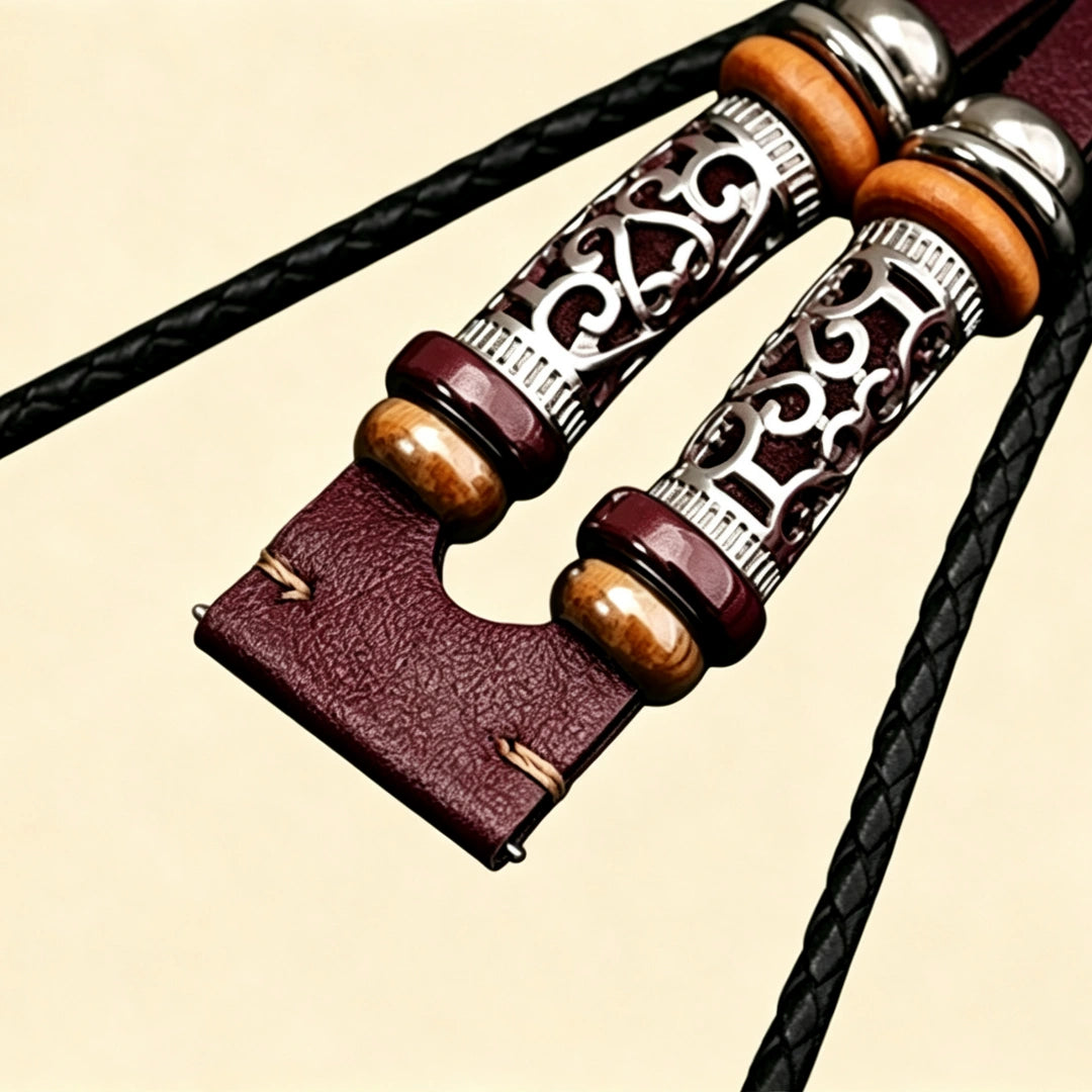 Burgundy braided leather Apple Watch strap lug end — close-up showing filigree metallic tube sliders, wooden disc beads, hematite beads, and burgundy leather quick-release lug connector