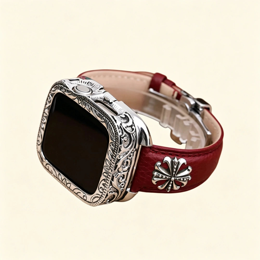 Baroque silver Apple Watch case detail composite — top: back sensor cutout and lug ports overhead; bottom left: case held in hand back view; bottom right: case side profile showing spring hinge