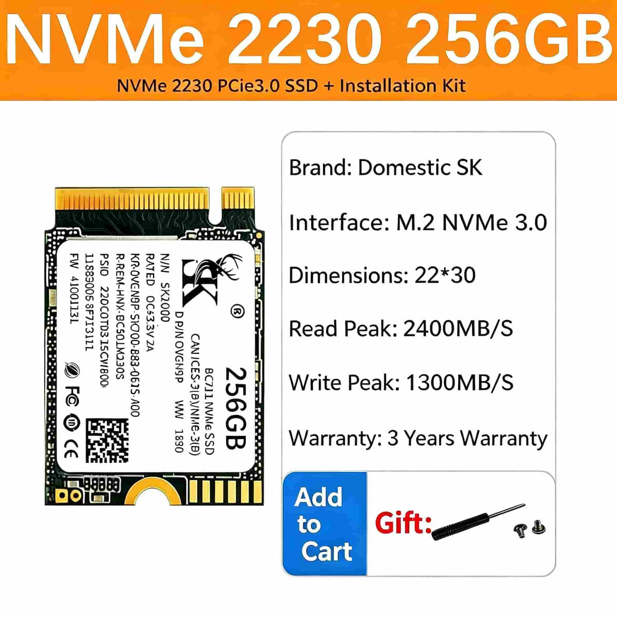 Carapace Capture 2230 NVMe SSD 256GB – PCIe Gen3 x4, Up to 2100MB/s, 3D TLC NAND