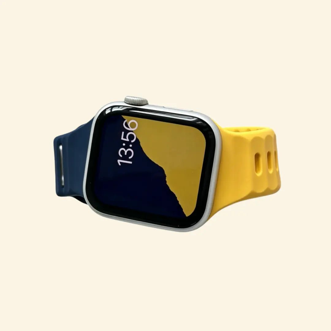 Dual-Tone Ocean Wave Silicone Apple Watch Band — Specimen No. 7601 - Carapace StudioApple Watch BandCarapace StudioCarapace StudioCS-7601-YLW-NVY-1Apple Watch Ultra 3 (49mm)Solar Dual-Tone Apple Watch Band — angled wrist view on cream background