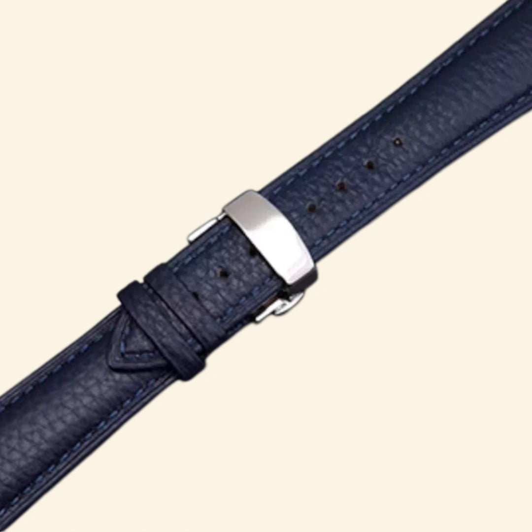 Baroque silver Apple Watch case detail composite — top: back sensor cutout and lug ports close-up; bottom left: case held in hand back view; bottom right: case side profile showing spring hinge
