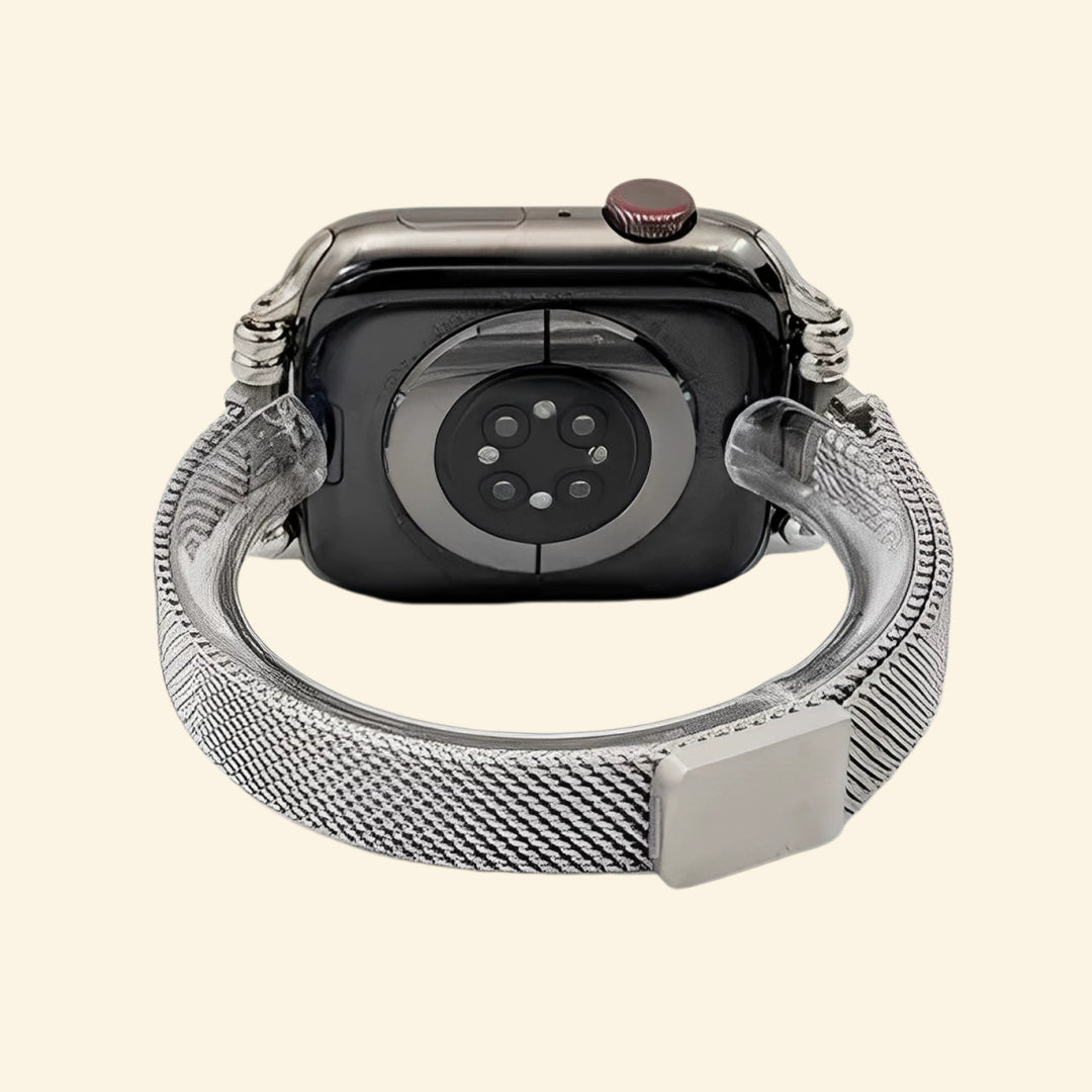 Silver Milanese Band — angled rear view on Apple Watch