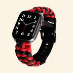 Crimson & Black Paracord Braided Band for Apple Watch — Specimen No. 10414 - Carapace StudioApple Watch BandCarapace StudioCarapace StudioCS-10414-PCRD-CRB-AW-1Apple Watch Ultra 3 (49mm)Crimson & Black Paracord Braided Apple Watch Band — size comparison flat lay with Apple Watch showing 38mm and 42mm variants, Specimen No. 10414
