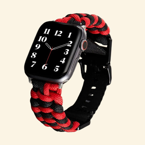 Crimson & Black Paracord Braided Band for Apple Watch — Specimen No. 10414 - Carapace StudioApple Watch BandCarapace StudioCarapace StudioCS-10414-PCRD-CRB-AW-1Apple Watch Ultra 3 (49mm)Crimson & Black Paracord Braided Apple Watch Band — size comparison flat lay with Apple Watch showing 38mm and 42mm variants, Specimen No. 10414