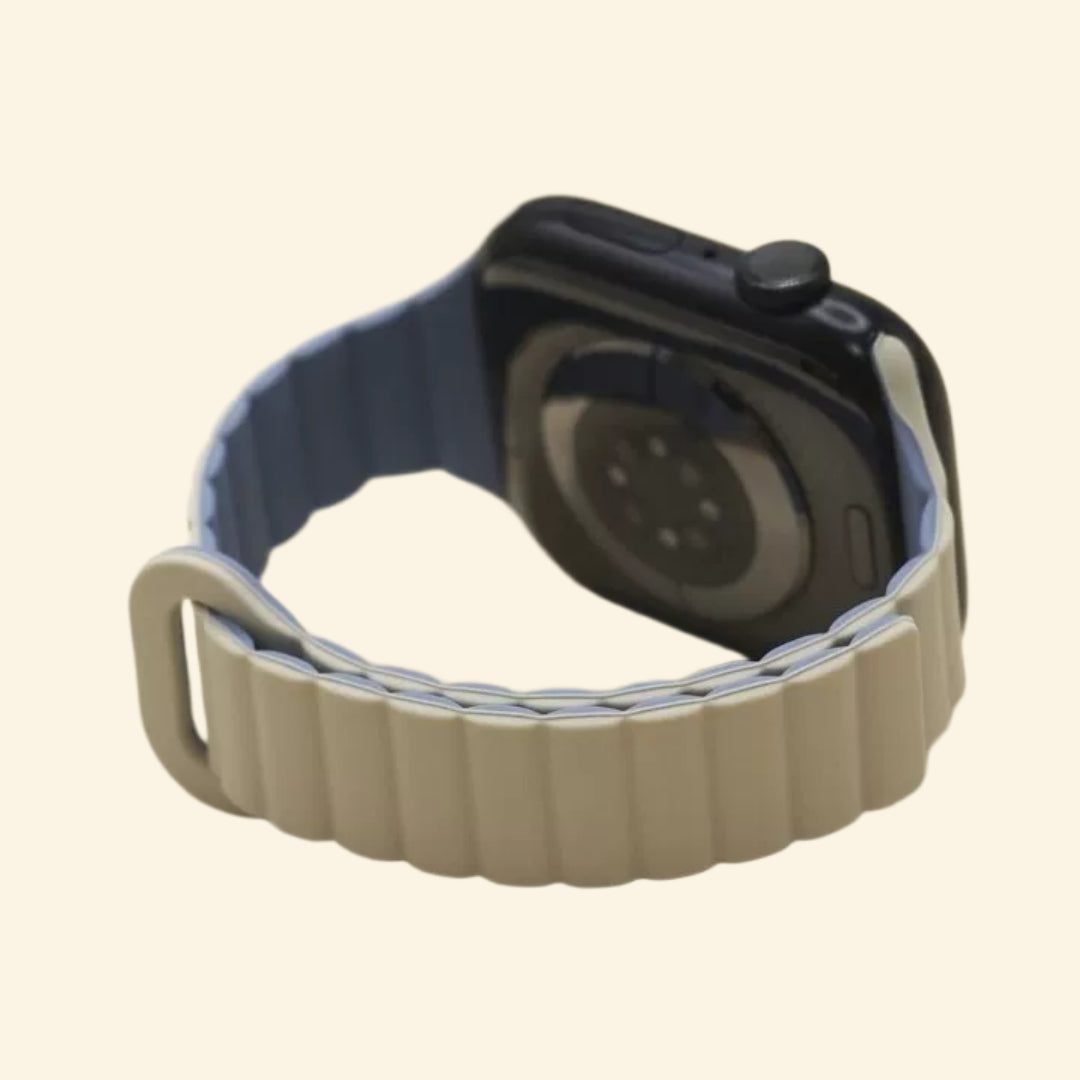 Sand Grey & Slate Blue Magnetic Silicone Band — rear sensor view on Apple Watch
