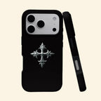 The Silver Relic case – back and side profile showing sculpted silver gothic cross on matte black