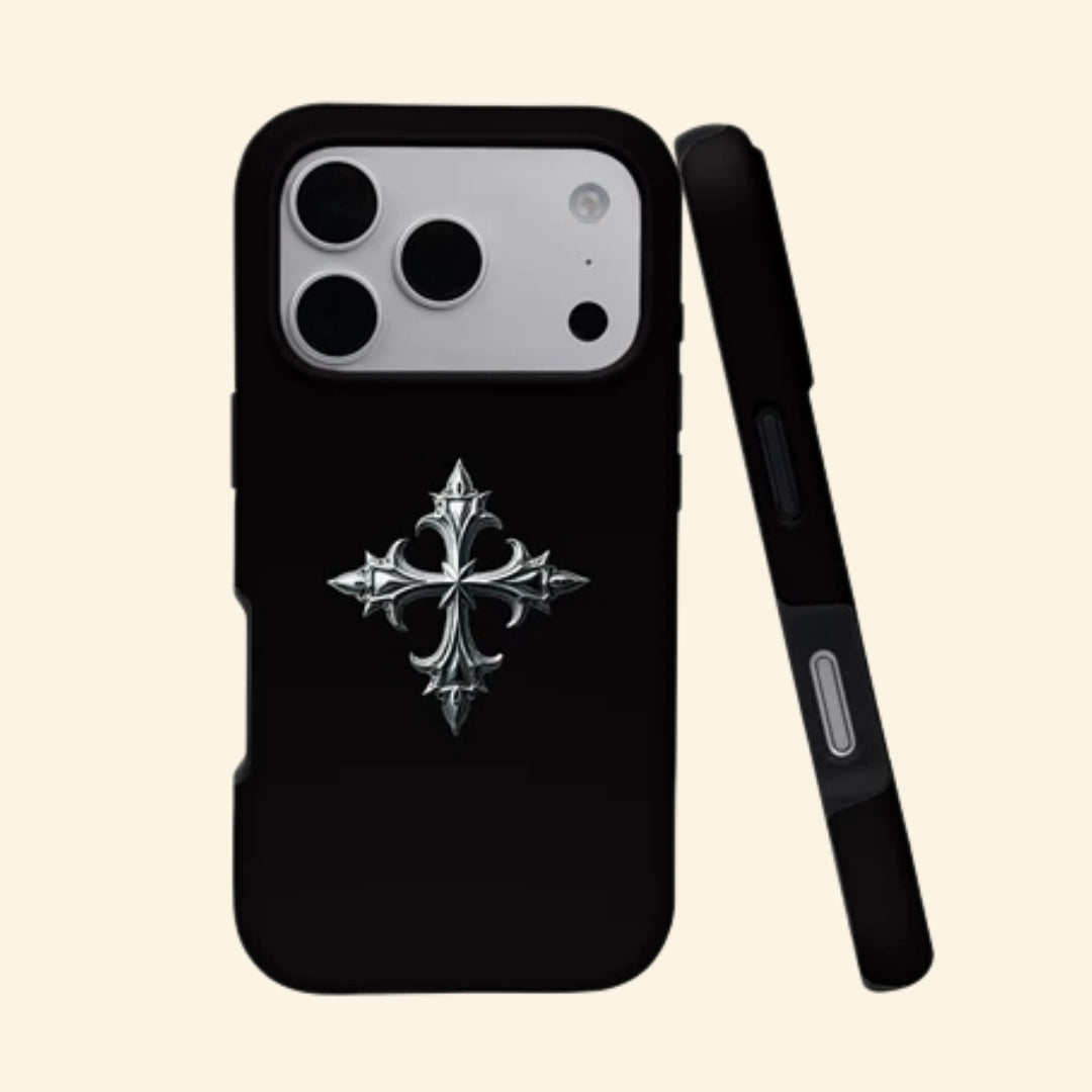 The Silver Relic case – back and side profile showing sculpted silver gothic cross on matte black