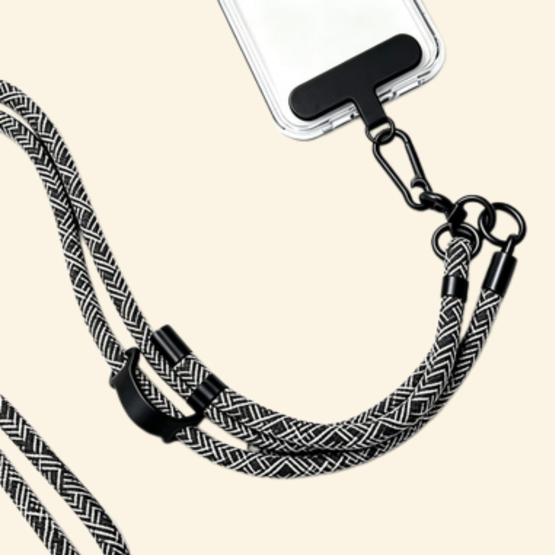 The Core Cord Monochrome Chevron – lanyard attached to phone case detail view