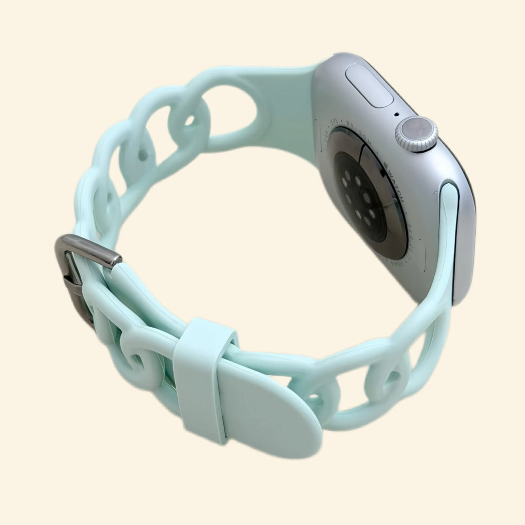 Sage Mint Cutout Chain Link Silicone Band — rear sensor view on Apple Watch