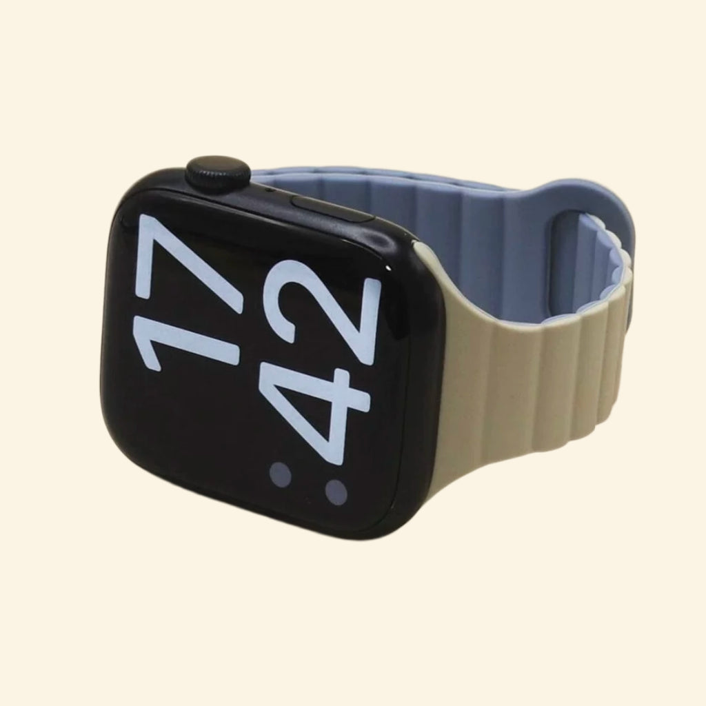 Sand Grey & Slate Blue Magnetic Silicone Band — front face view on Apple Watch