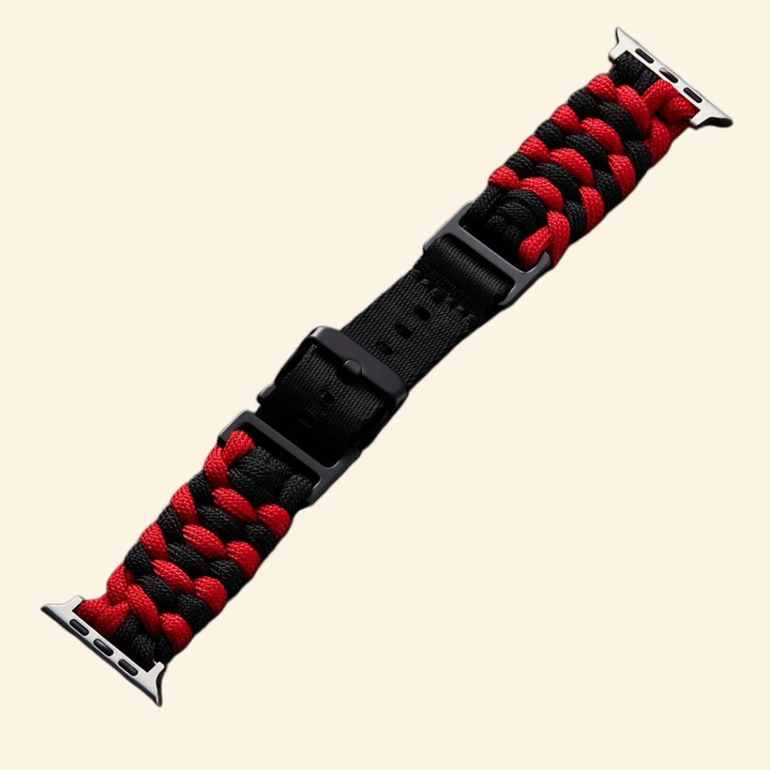 Crimson & Black Paracord Braided Band for Apple Watch — Specimen No. 10414 - Carapace StudioApple Watch BandCarapace StudioCarapace StudioCS-10414-PCRD-CRB-AW-1Apple Watch Ultra 3 (49mm)Crimson & Black Paracord Braided Apple Watch Band — angled side view on Apple Watch Ultra showing deep crimson and black dual-tone braid, Specimen No. 10414