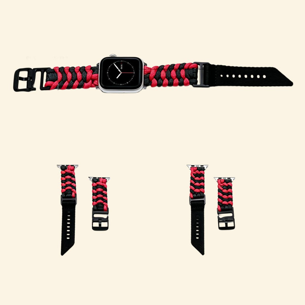 Crimson & Black Paracord Braided Band for Apple Watch — Specimen No. 10414 - Carapace StudioApple Watch BandCarapace StudioCarapace StudioCS-10414-PCRD-CRB-AW-1Apple Watch Ultra 3 (49mm)Crimson & Black Paracord Braided Apple Watch Band — front-facing view on Apple Watch showing gothic crimson-black weave pattern, Specimen No. 10414