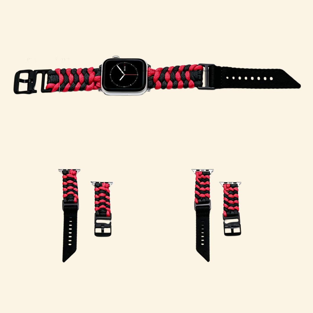 Crimson & Black Paracord Braided Band for Apple Watch — Specimen No. 10414 - Carapace StudioApple Watch BandCarapace StudioCarapace StudioCS-10414-PCRD-CRB-AW-1Apple Watch Ultra 3 (49mm)Crimson & Black Paracord Braided Apple Watch Band — front-facing view on Apple Watch showing gothic crimson-black weave pattern, Specimen No. 10414