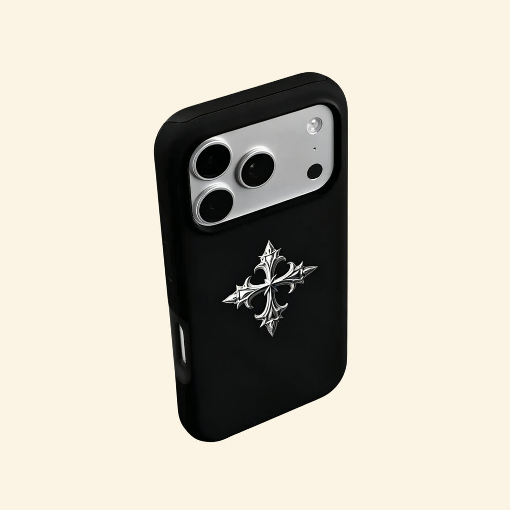 The Silver Relic case – floating angled view showing full silver cross on deep black shell