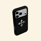 The Silver Relic case – floating angled view showing full silver cross on deep black shell