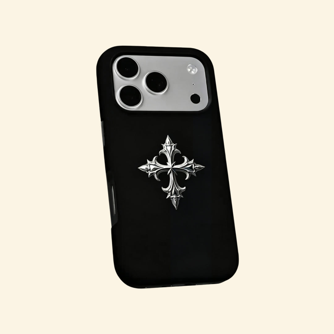 The Silver Relic case – top-down angled view showing camera island and cross placement
