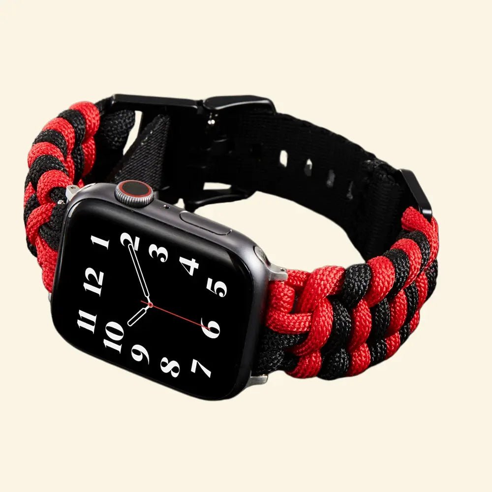 Crimson & Black Paracord Braided Band for Apple Watch — Specimen No. 10414 - Carapace StudioApple Watch BandCarapace StudioCarapace StudioCS-10414-PCRD-CRB-AW-1Apple Watch Ultra 3 (49mm)Crimson & Black Paracord Braided Apple Watch Band — full band diagonal flat lay showing complete crimson and black braid with matte black buckle, Specimen No. 10414