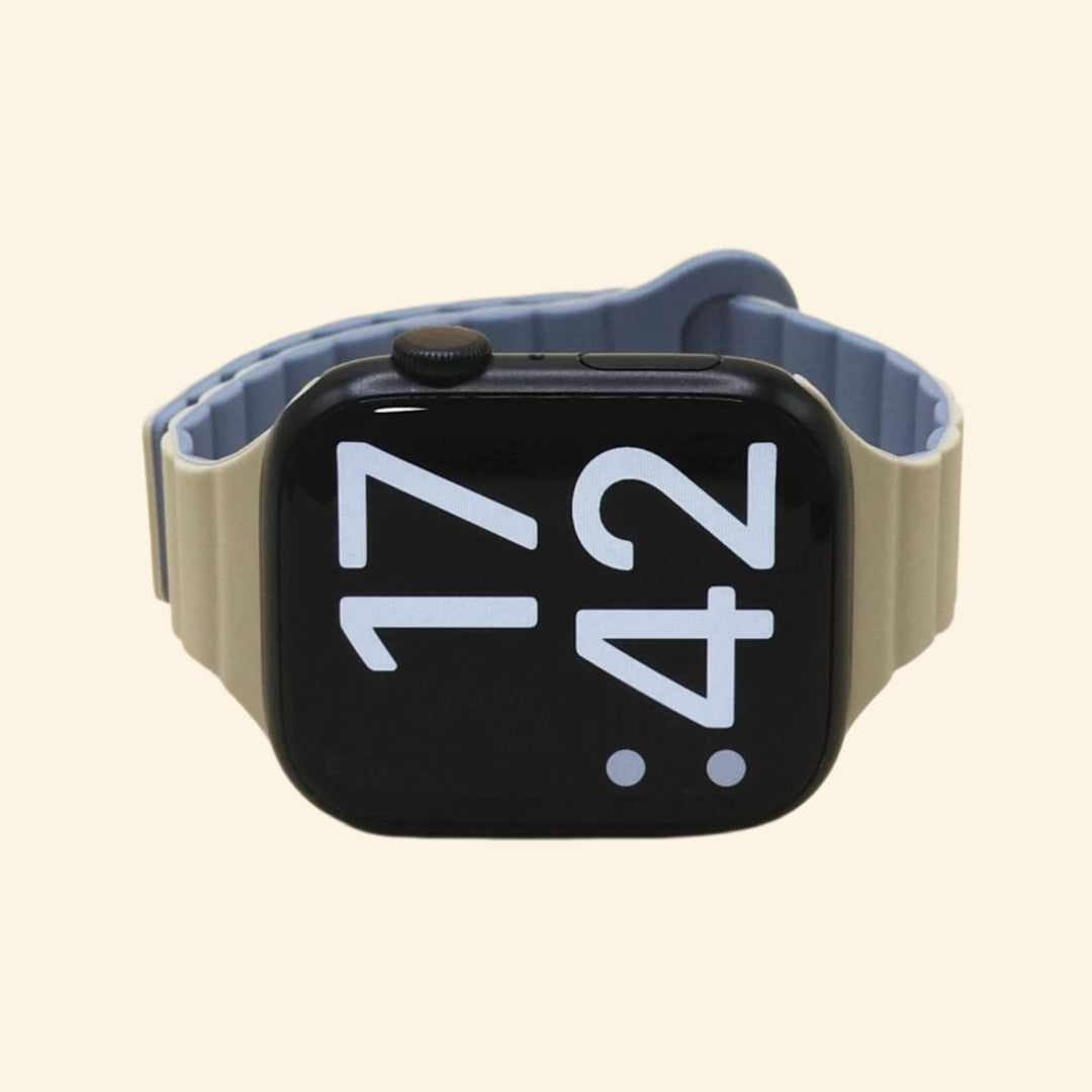 Sand Grey & Slate Blue Magnetic Silicone Band — angled front view on Apple Watch