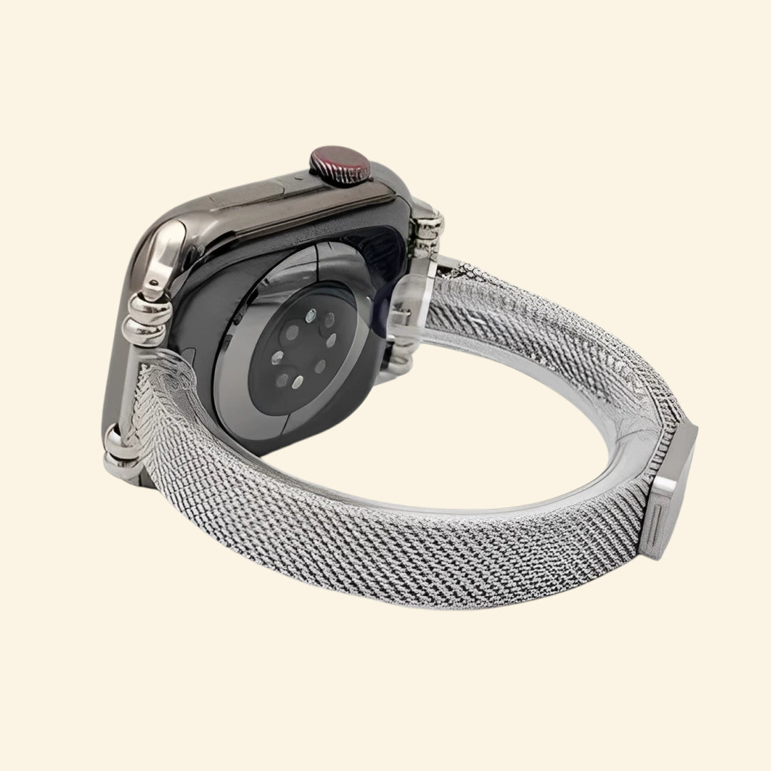 Silver Milanese Band — front face view on Apple Watch