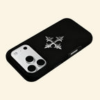 The Silver Relic case – low-angle floating view showing cross detail and matte finish