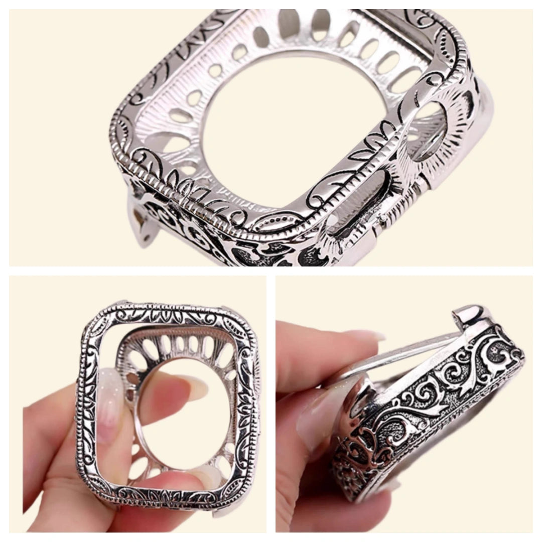 Baroque silver Apple Watch case — three-angle detail: front open, back sensor cutout, and side hinge view