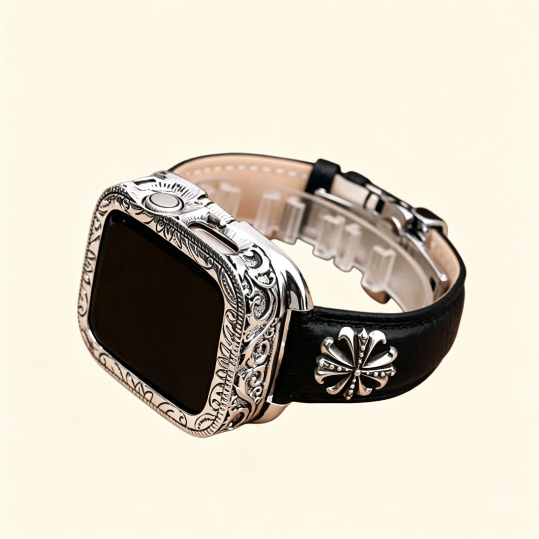 Baroque silver Apple Watch case — standalone front view showing full scrollwork bezel with oxidized silver finish and lug ports, cream background