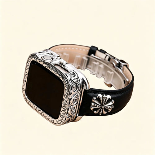 Baroque silver Apple Watch case — standalone front view showing full scrollwork bezel with oxidized silver finish and lug ports, cream background