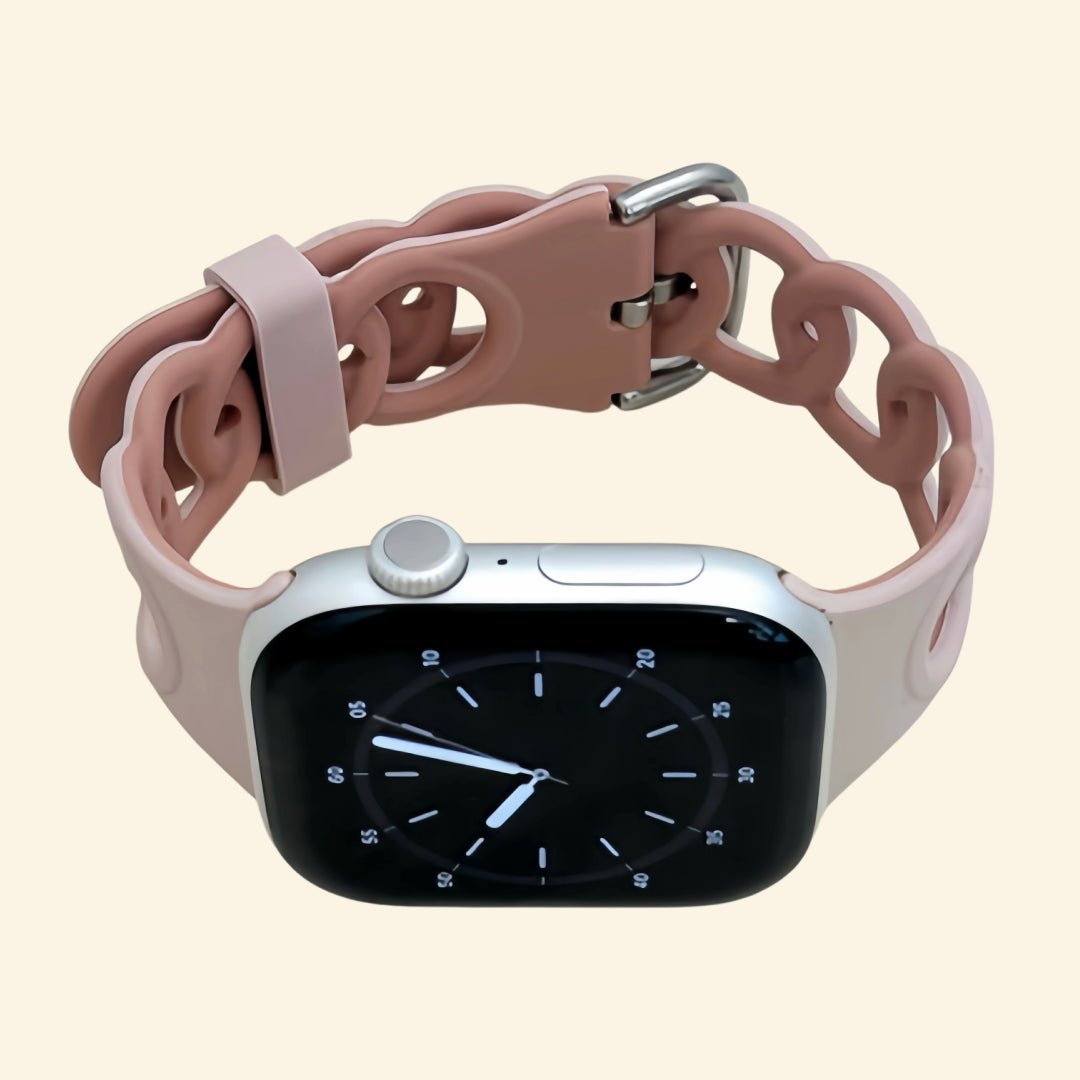 Dusty Rose & Terracotta Cutout Chain Link Band — front face view on Apple Watch