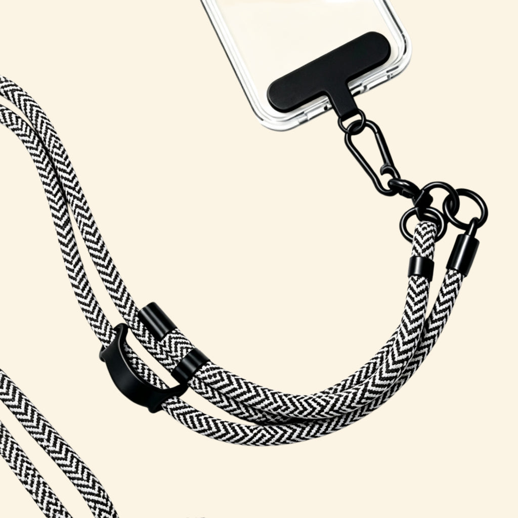 The Core Cord Deep Navy Houndstooth – lanyard attached to phone case detail view