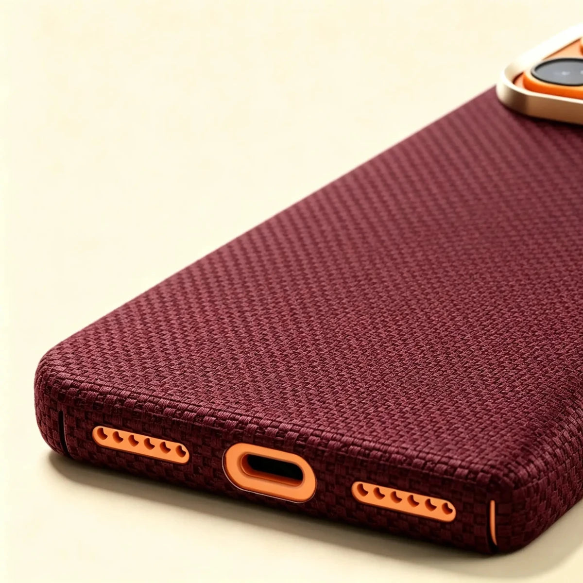 Specimen No. 10555 — Burgundy Woven Aramid Case for iPhone - Carapace StudioiPhone CaseCarapace StudioCarapace StudioCS-10555-BURGUNDY-1iPhone 17 Pro MaxSpecimen No. 10555 Burgundy Woven Aramid iPhone Case — bottom USB-C port detail, burgundy weave