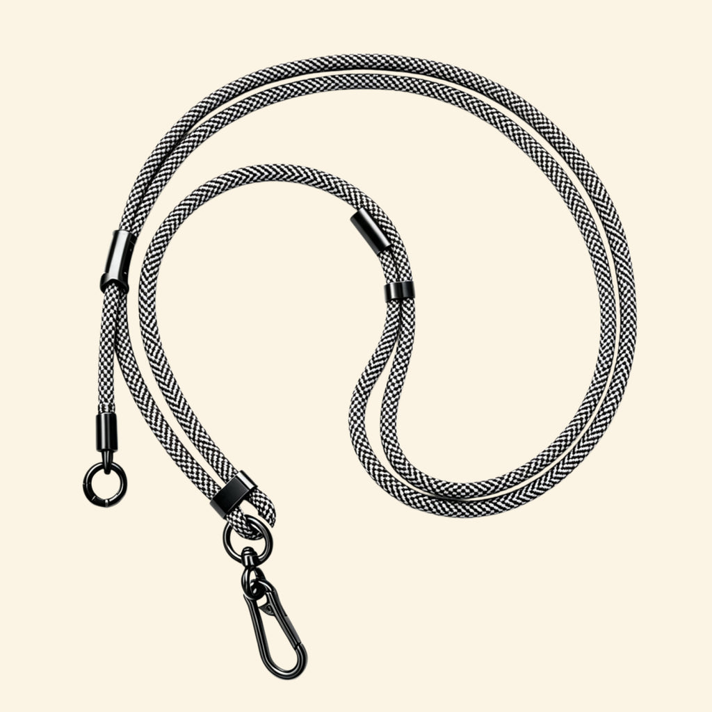 The Core Cord Deep Navy Houndstooth – full lanyard coiled flat lay