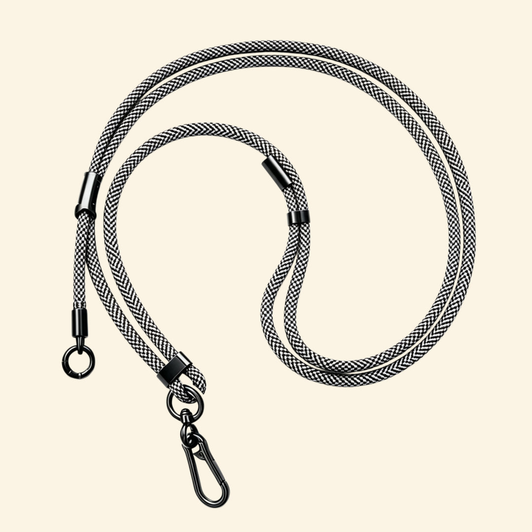 The Core Cord Deep Navy Houndstooth – full lanyard coiled flat lay