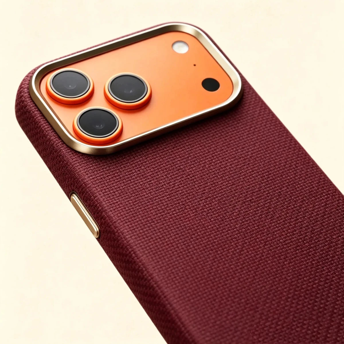 Specimen No. 10555 — Burgundy Woven Aramid Case for iPhone - Carapace StudioiPhone CaseCarapace StudioCarapace StudioCS-10555-BURGUNDY-1iPhone 17 Pro MaxSpecimen No. 10555 Burgundy Woven Aramid iPhone Case — gold camera bezel close-up angle