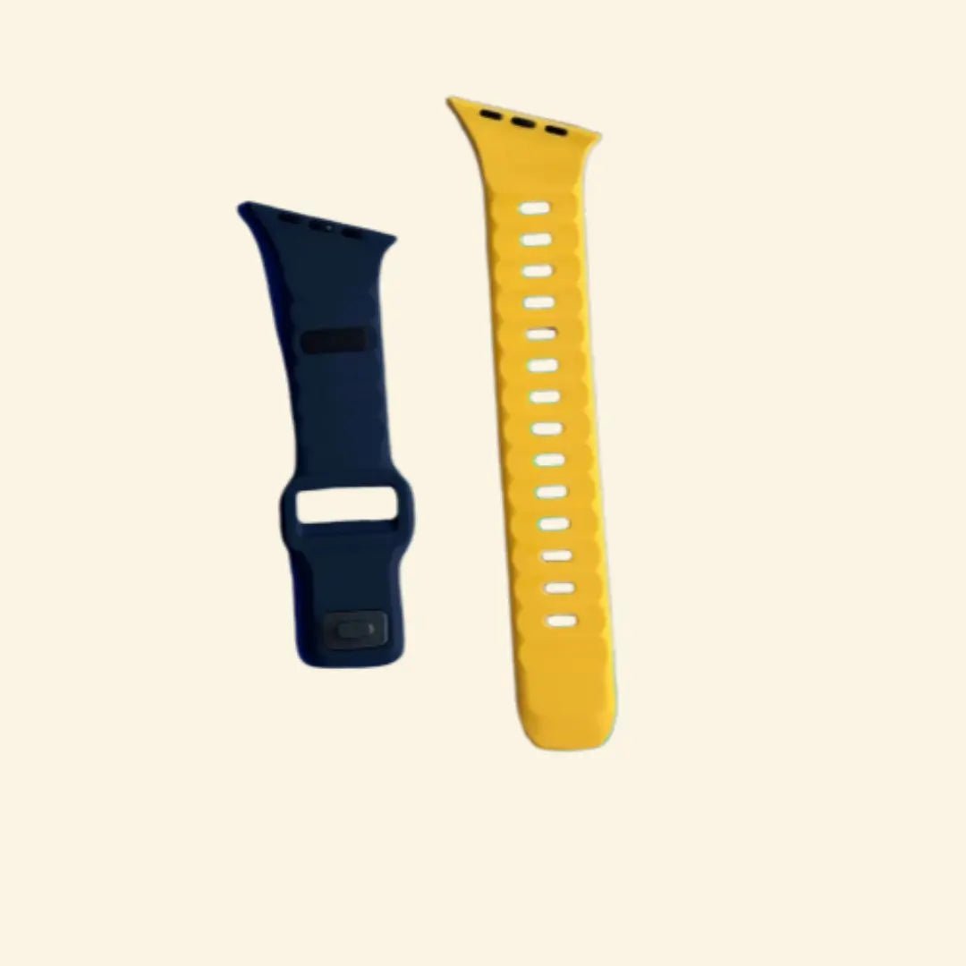 Dual-Tone Ocean Wave Silicone Apple Watch Band — Specimen No. 7601 - Carapace StudioApple Watch BandCarapace StudioCarapace StudioCS-7601-YLW-NVY-1Apple Watch Ultra 3 (49mm)Solar Dual-Tone Apple Watch Band — band components detail, navy and solar yellow