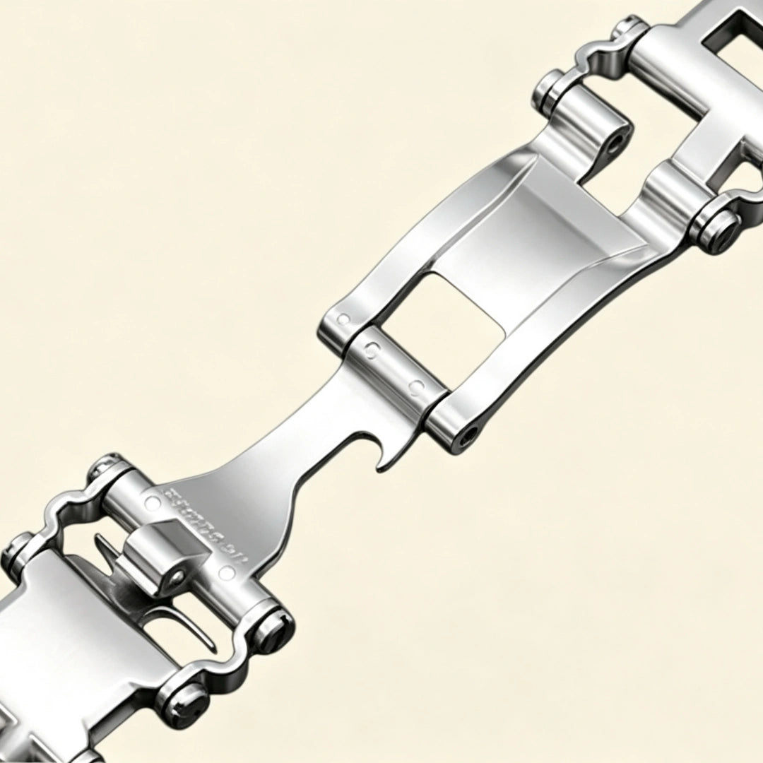 Baroque Archival Suite No. 10824 — silver engraved case with stainless steel multitool bracelet, angled product shot showing case and bracelet integration