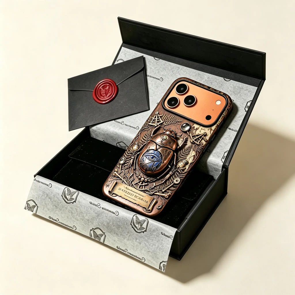 The Scarabaeus Specimen — Sacred Scarab & Lapis Relic Enclosure for iPhone 17 Pro Max