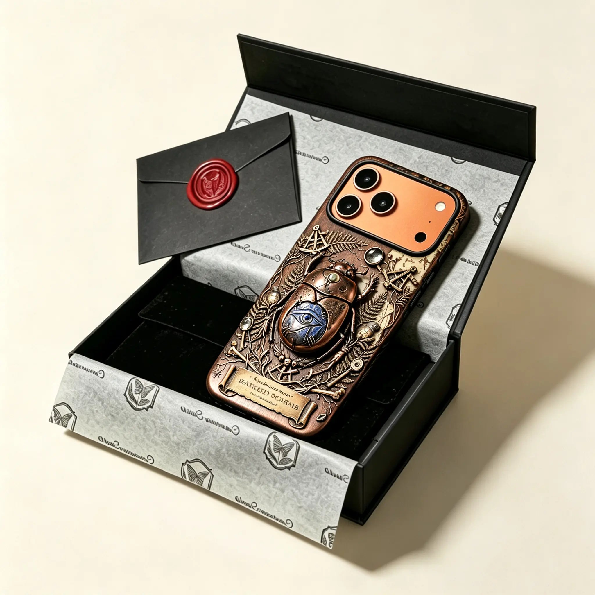 The Scarabaeus Specimen — Sacred Scarab & Lapis Relic Enclosure for iPhone 17 Pro Max