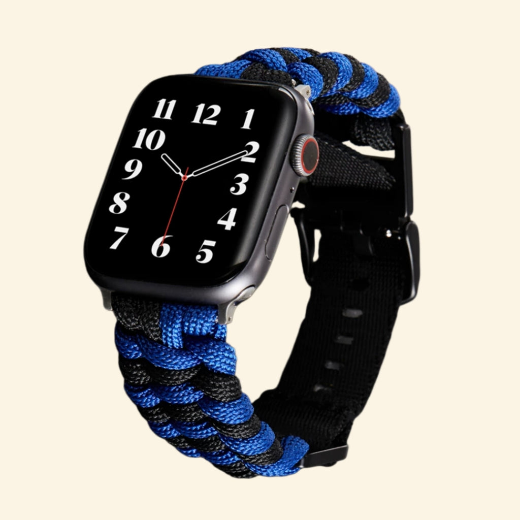 Cobalt & Black Paracord Braided Band on Apple Watch — angled front view