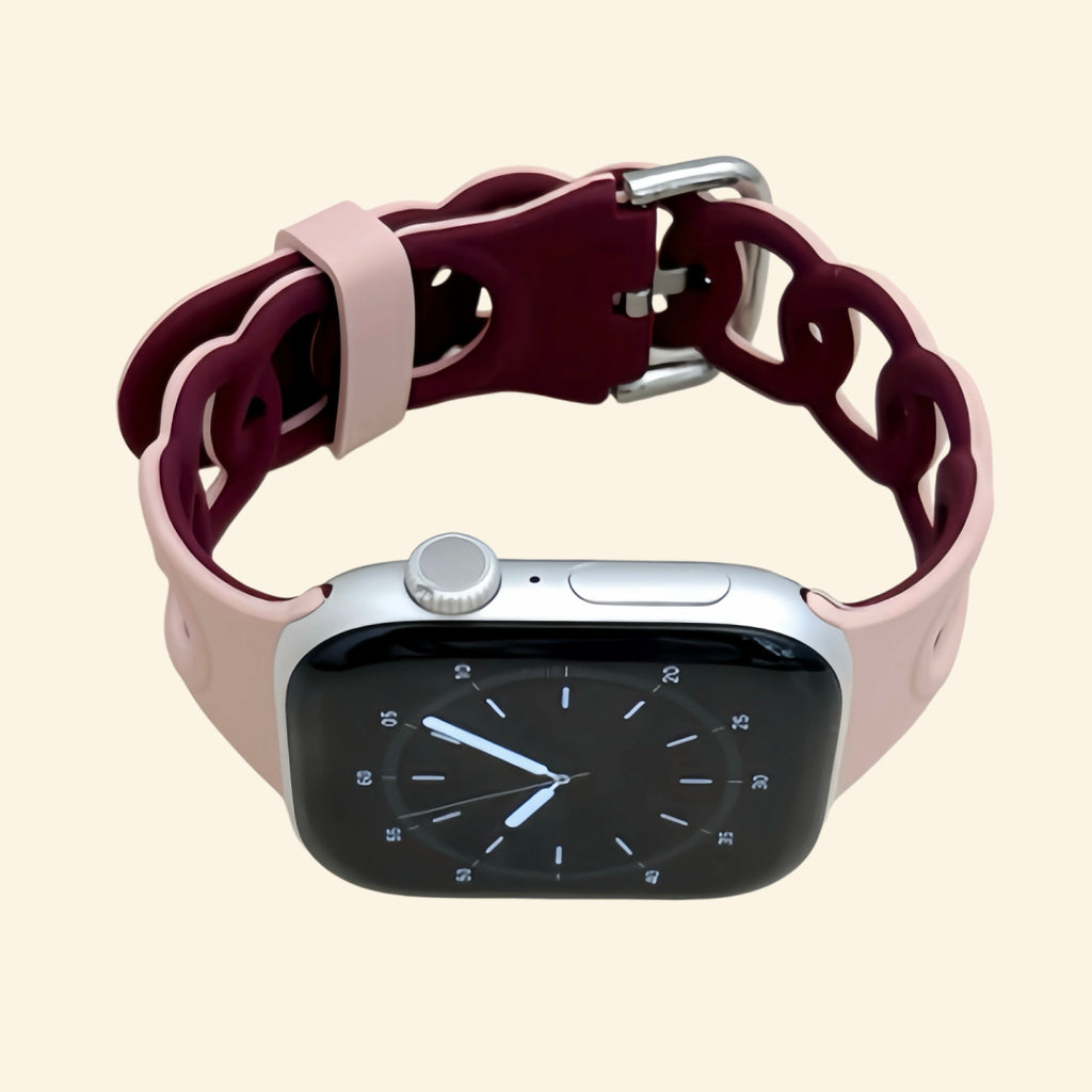 Blush Pink & Deep Burgundy Cutout Chain Link Band — front face view on Apple Watch