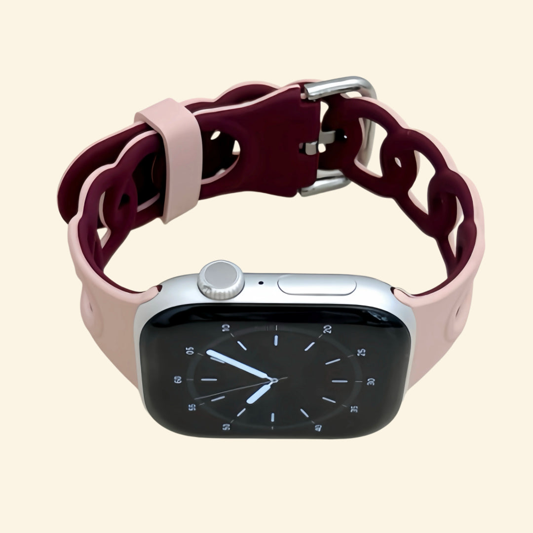 Blush Pink & Deep Burgundy Cutout Chain Link Band — front face view on Apple Watch
