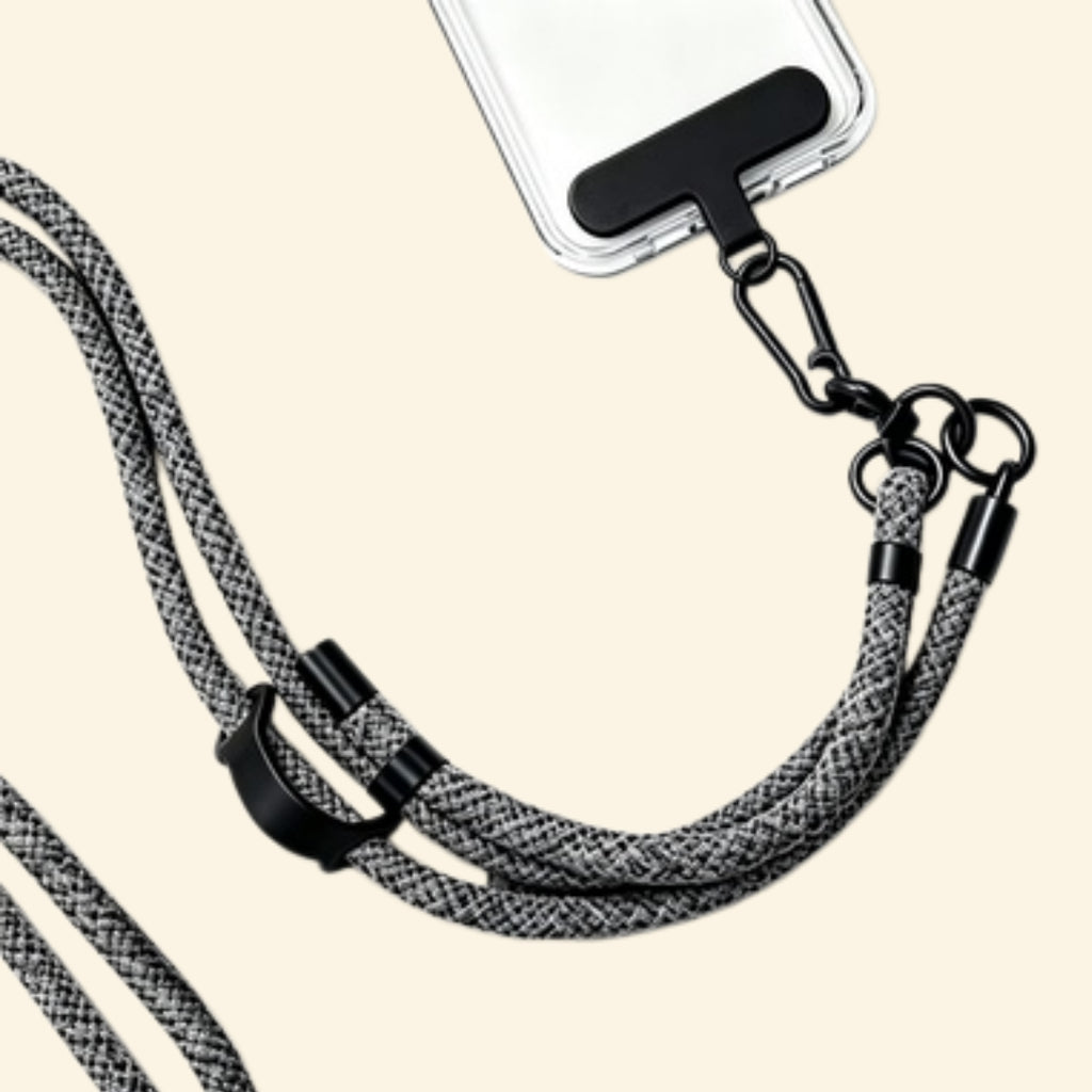 The Core Cord Charcoal Speckled – lanyard attached to phone case detail view