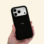 Poetic Amor case – flat lay showing camera island and Love script detail
