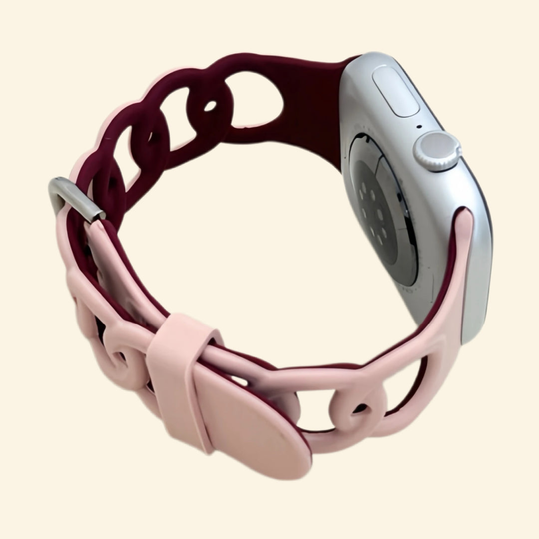 Blush Pink & Deep Burgundy Cutout Chain Link Band — rear sensor view on Apple Watch
