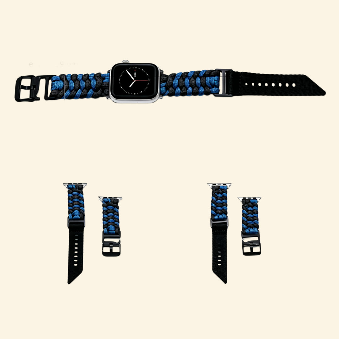 Cobalt & Black Paracord Braided Band on Apple Watch — side angle view
