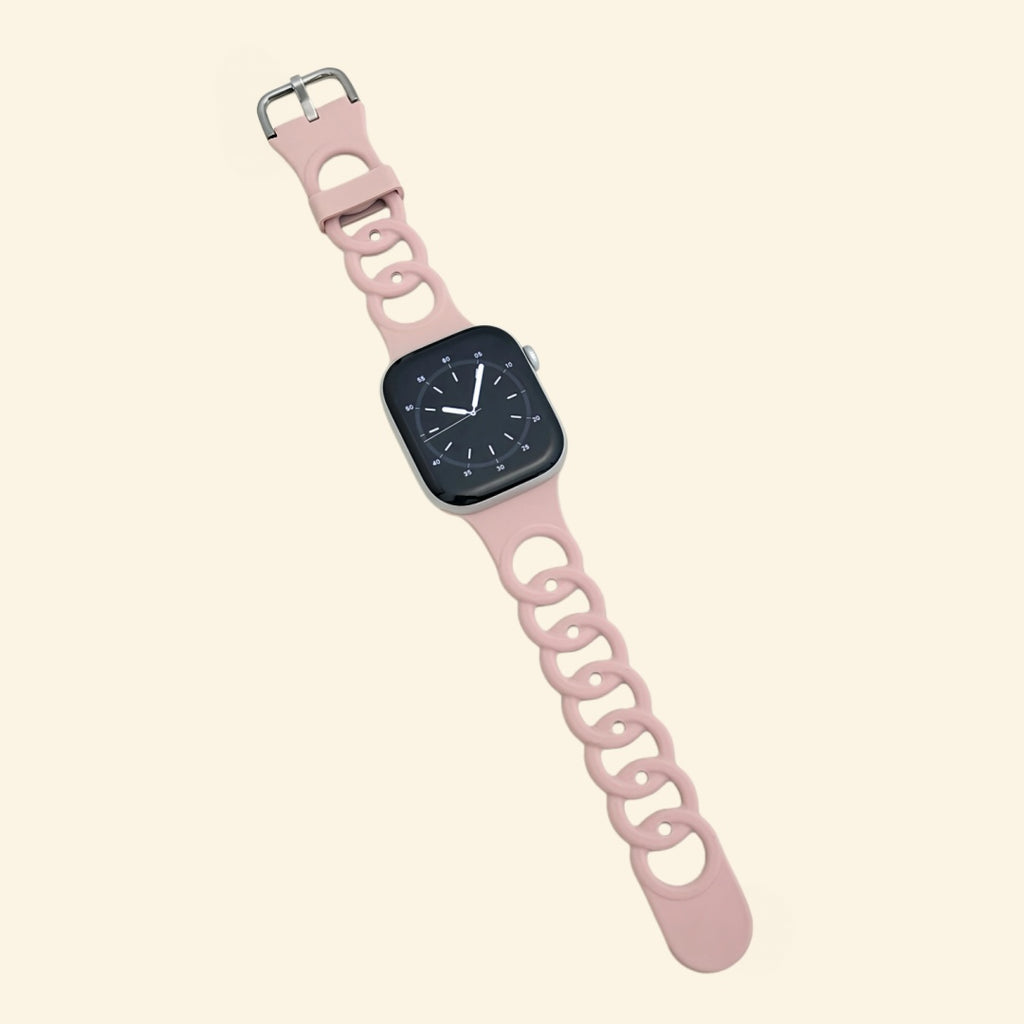 Blush Pink & Deep Burgundy Cutout Chain Link Band — flat lay showing full strap length and dual-tone chain link detail
