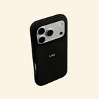 Poetic Amor case – back and side profile showing slim matte black shell with Love inscription