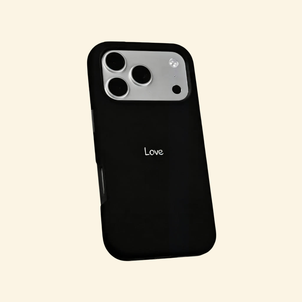 Poetic Amor case – hand-held lifestyle shot showing cursive Love script