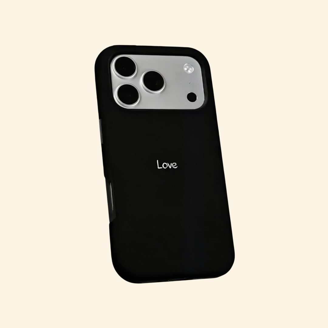 Poetic Amor case – hand-held lifestyle shot showing cursive Love script