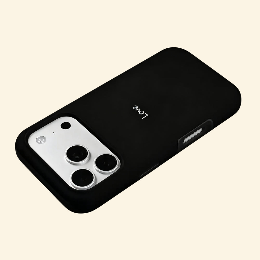 Poetic Amor case – low-angle floating view showing full matte black shell and script